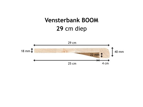 Eiken overzet vensterbank boomstam 29 cm van Woodstyles, foto van de kopzijde met afmetingen